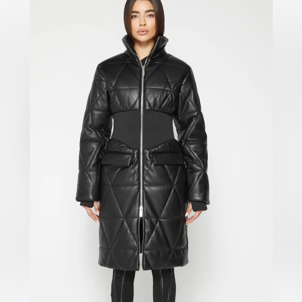 Vegan Leather Cinch Waist Quilted Longline Coat Bla… Gem
